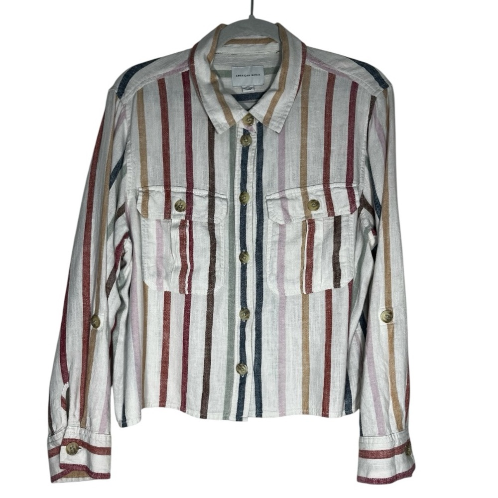 American  Eagle Womens Baggy
Cropped Shirt Striped Button Top
Long Sleeve. - Picture 2 of 7